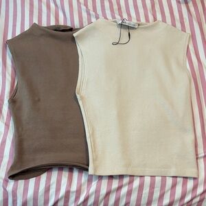 Zara Cream and Brown Sleeveless Going out Tops